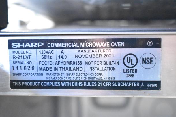 2021 Sharp R-21LVF commercial microwave, 120V, 1 phase, manufactured in November 2021, UL and NSF listed.