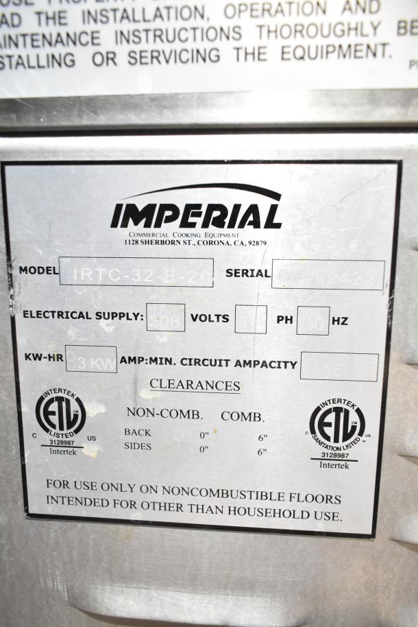 Imperial IRTC-32-E-2 Commercial Pasta Cooker Rethermalizer, 208V, 1 Phase, 3KW, ETL listed. Model label visible.