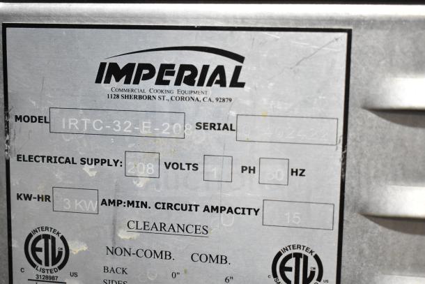 Imperial IRTC-32-E-2 Commercial Pasta Cooker Rethermalizer tag, 208V, 1 Phase, ETL listed, Corona, CA, serial shown.