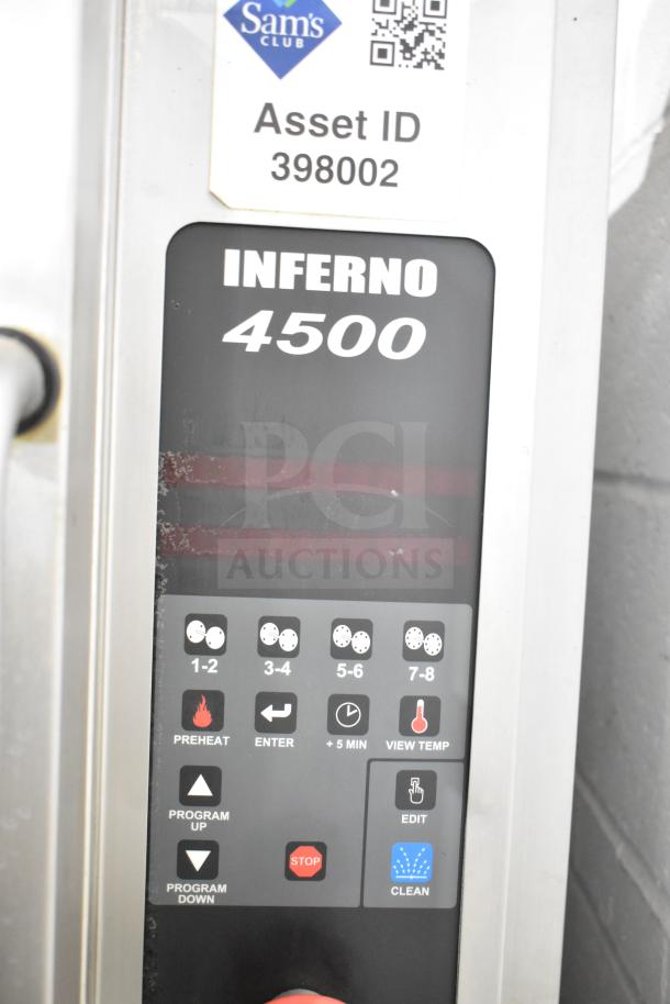 Hardt Inferno 4500 rotisserie oven control panel with programmable settings and cleaning options, showing model and asset ID tag.