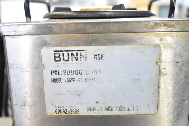 Bunn 1.5GPR Coffee Server Satellite, model 1.5GPR, stainless steel, with visible wear. Label reads: PM 20950.0004.