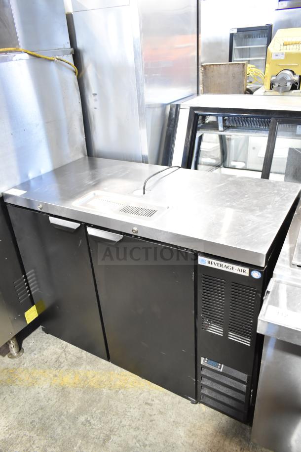Beverage Air DD48HC-1-B kegerator, commercial grade, 115V, black finish, dual doors, excellent condition, visible logo.