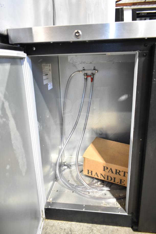 Beverage Air DD48HC-1-B kegerator interior showing tubes and a box labeled "PARTS HANDLE." 115V, 1 Phase.