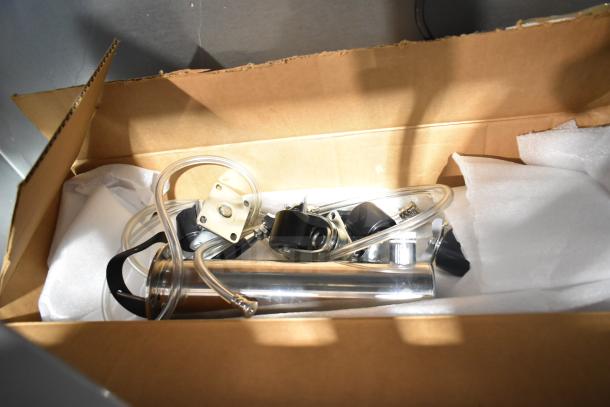 Beverage Air DD48HC-1-B kegerator parts in box. Stainless steel components, hoses, and hardware included.