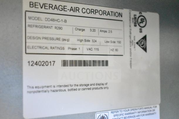 Beverage Air DD48HC-1-B kegerator label showing model, refrigerant R290, 115V, 1-phase electrical ratings.