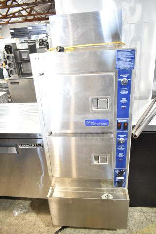 Cleveland 24CGA6.2S commercial steam cabinet, natural gas, 2 decks, stainless steel, 50,000 BTU, control panel visible.