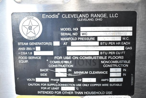 Cleveland 24CGA6.2S steam cabinet label, showing model details, 50,000 BTU, natural gas, ANSI and CSA certifications.