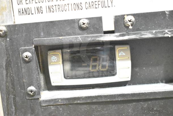 Universal Commercial 2 Door Undercounter Cooler, 115V, 1 Phase, temperature display -8.0, durable black frame.