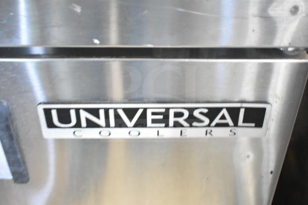 Universal Commercial 2 Door Undercounter Cooler, stainless steel, 115V, 1 phase, "UNIVERSAL COOLERS" label visible.