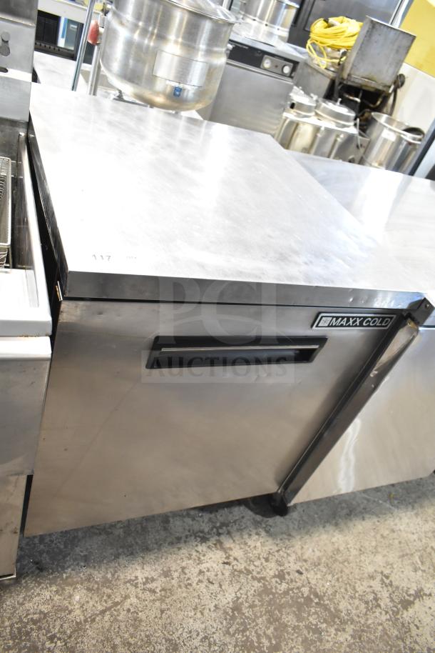 Maxx Cold MCF-27U commercial undercounter freezer with single door, stainless steel, in used condition. 115 volts, 1 phase.