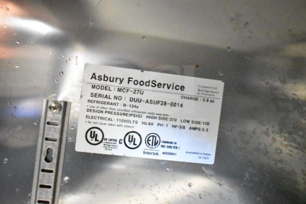 Maxx Cold MCF-27U undercounter freezer label, showing model, serial number, refrigerant R-134a, and 115 volts.