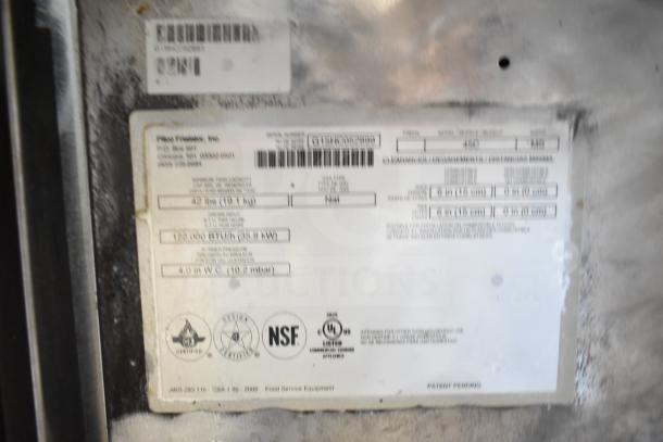 Pitco Frialator 40C commercial fryer, natural gas, 122,000 BTU, floor style. Label indicates model and certifications.