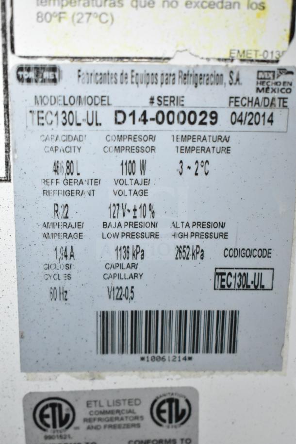Torrey TEC130L-UL deli display case, 127V, 1 phase, 1100W, ETL listed; capacity 46.8L, R22 refrigerant, manufactured 04/2014.