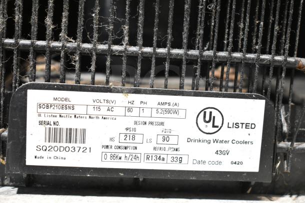 SOBP210ESNS countertop water dispenser base, 115V, 1 phase, UL listed, design pressure 218/90 PSIG, serial SQ20D03721.