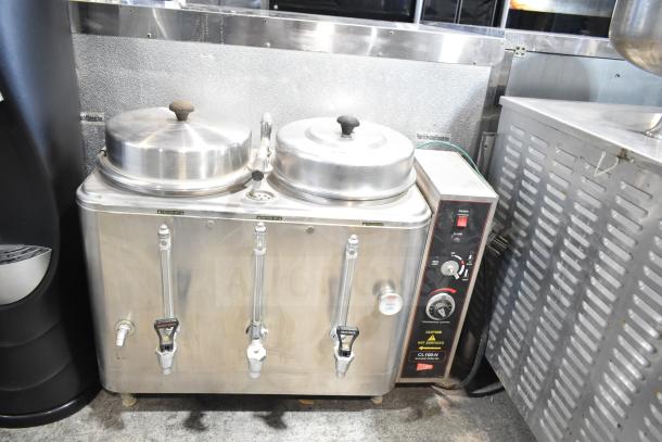 Cecilware CL100-N twin 3-gallon commercial coffee urn, stainless steel, automatic, labels indicate power and temperature controls.