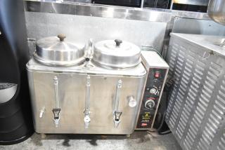 Cecilware CL100-N twin 3-gallon commercial coffee urn, stainless steel, automatic, labels indicate power and temperature controls.