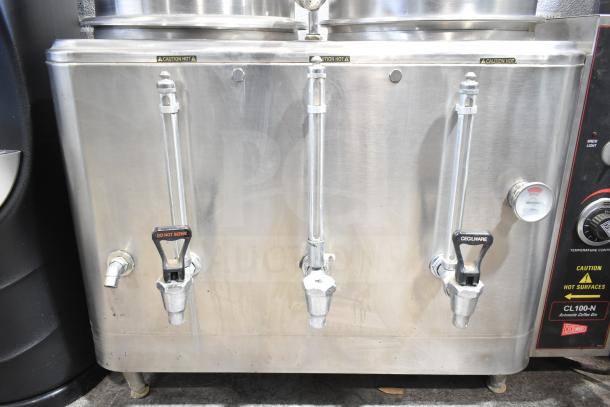 Cecilware CL100-N twin 3-gallon commercial coffee urn. Stainless steel, automatic, visible caution labels, 120-240V, 1 phase.