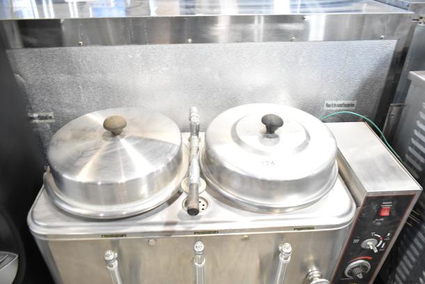 Cecilware CL100-N Commercial Twin 3 Gallon Coffee Urn, stainless steel, dual handles, controls on side, 120-240V, 1-phase.