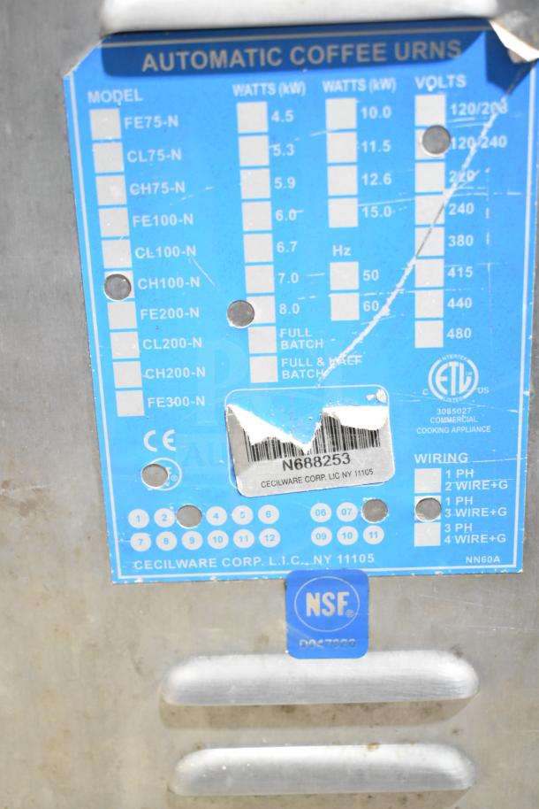 Cecilware CL100-N Commercial Twin 3-Gallon Automatic Coffee Urn, 120-240V, 1 Phase. Visible model and NSF labels.