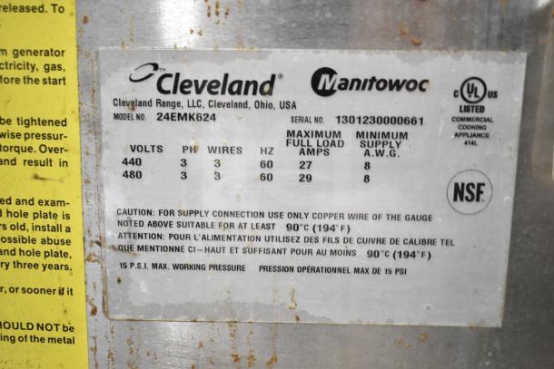Cleveland 24EMK624 electric tilting kettle label, model 24EMK624, 6-gallon, 208V, 3-phase, NSF and UL listed, serial 1301230000661.