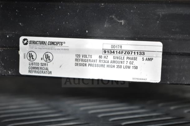 Structural Concepts DD17R Refrigerated Merchandiser, model DD17R. 120V, 1 phase. UL listed commercial refrigerator tag.