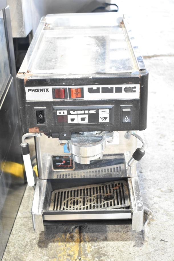 Unic Phoenix commercial espresso machine with single group, steam wand, visible labels, and sturdy build, 115V, 1 Phase.