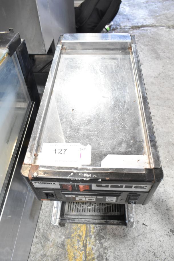 Unic Phoenix Commercial Countertop Single Group Espresso Machine with Steam Wand. 115V, 1 Phase. Visible wear on surface.