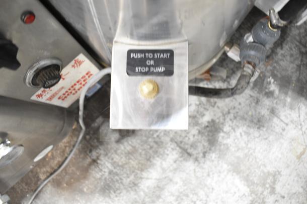 Oscar Fisher stainless steel tank, industrial-grade, push-button control labeled "Push to Start or Stop Pump," durable condition.