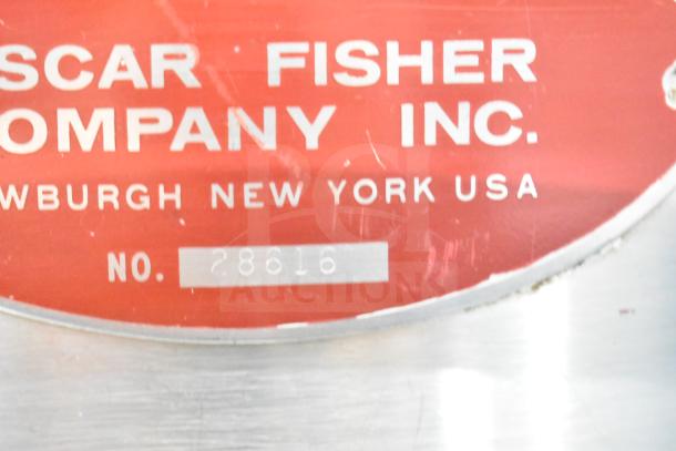 Oscar Fisher stainless steel tank label, Newburgh, NY, USA, with serial number 28616.