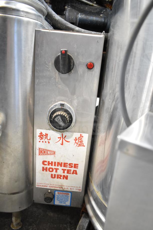 Cecilware Commercial Countertop Hot Tea Urn, stainless steel, with Chinese text, temperature control, and warning labels. 