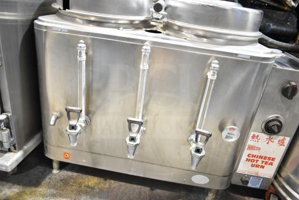 Cecilware Commercial Countertop Hot Tea Urn with three spigots, stainless steel body, visible branding, dial, and labeling.