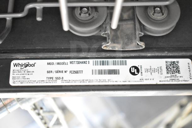 Whirlpool WDT30HAMZ0 undercounter dishwasher label showing model, serial number FC2568777, 115V, 1 phase.