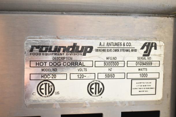 Roundup HDC-20 Countertop Hot Dog Corral, 120 volts, 1 phase. Model and serial numbers displayed on the label.