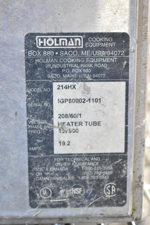 Holman 214HX Conveyor Oven label. 208 volts, 1 phase. Model: 214HX, serial IGP80002-1101, 19.2 amps. Used condition.