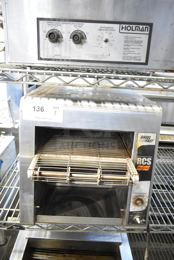 Star Holman RCS-R2-12BASH countertop conveyor oven, 208V, 1 phase, adjustable controls, visible wear, model label shown.