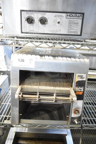 Star Holman RCS-R2-12BASH countertop conveyor oven, 208V, 1 phase, adjustable controls, visible wear, model label shown.