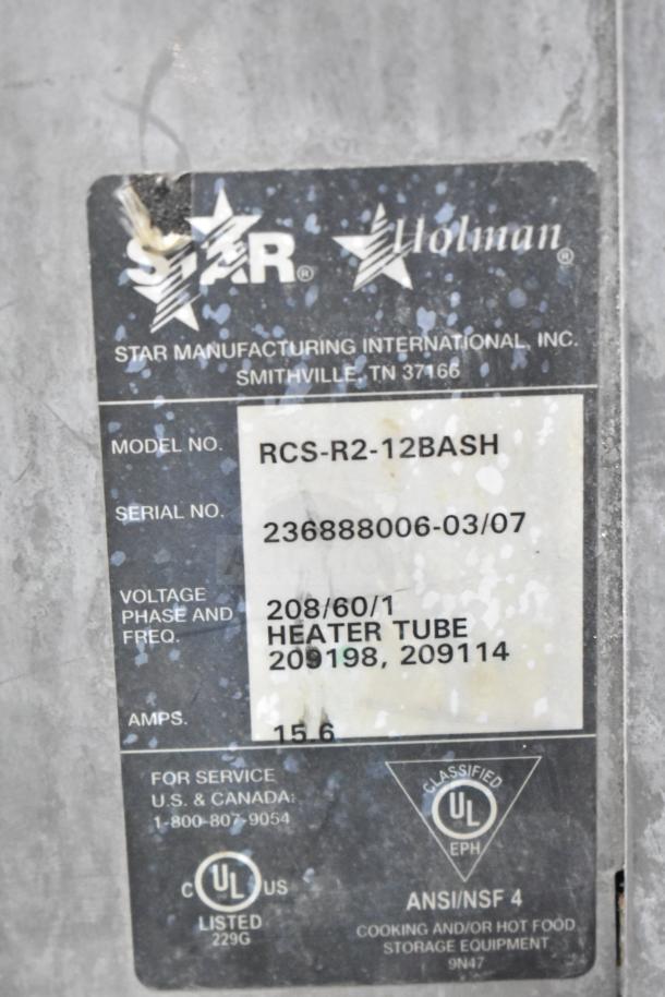 Star Holman RCS-R2-12BASH countertop conveyor oven label, 208 volts, 1 phase, model details and service contact visible.