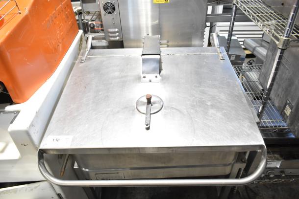 Groen commercial braising pan, stainless steel, industrial-grade, sturdy lid with handle, visible label: Lot 138.