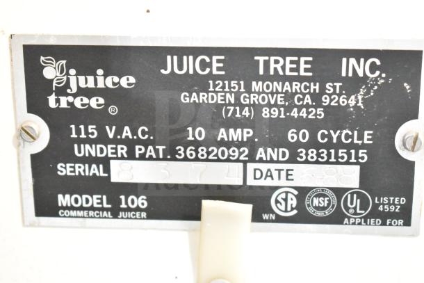 Juice Tree 106 Commercial Citrus Juicer label showing specifications: 115 V, 10 Amp, serial 83574, model 106.