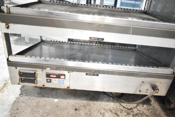 Hatco GRSDS/H-36D 36" heated display shelf, self-service, countertop, stainless steel, 120V, used condition, caution labels.