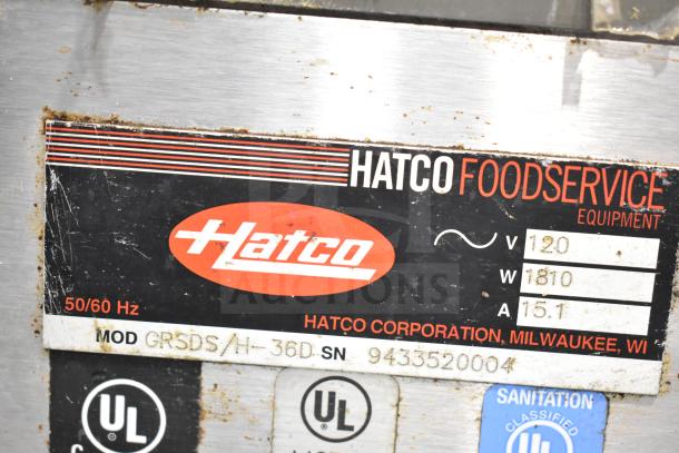 Hatco GRSDS/H-36D heated display shelf label. Shows 120 volts, 1810 watts, 15.1 amps, UL certification, and sanitation classification.