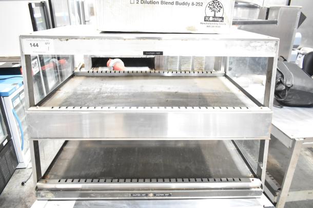 Hatco GRSDS-36D commercial heated display; dual shelves, glass sides, stainless steel. 120 volts, 1 phase. Slight wear visible.