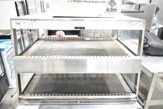 Hatco GRSDS-36D commercial heated display; dual shelves, glass sides, stainless steel. 120 volts, 1 phase. Slight wear visible.