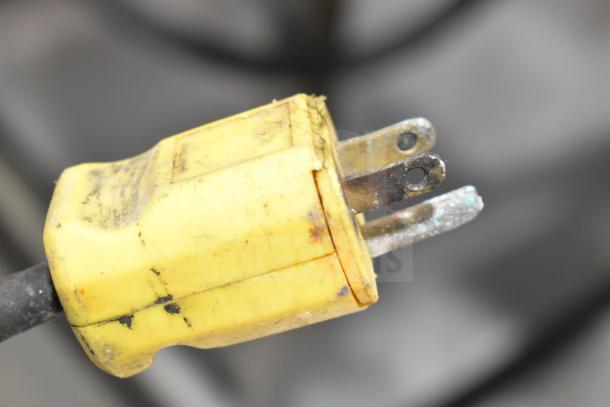 The image shows a close-up of a yellow power plug attached to the Hatco GRSDS-36D display, indicating a 120-volt, 1-phase power connection.