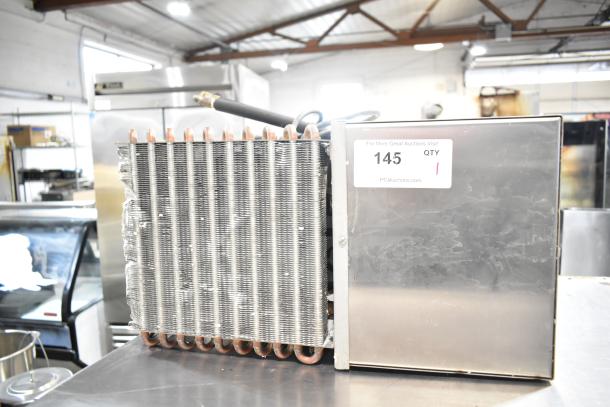 Larco Electric Water Cooler, 115V, 1 Phase, auction tag visible. Stainless steel finish, coils exposed.