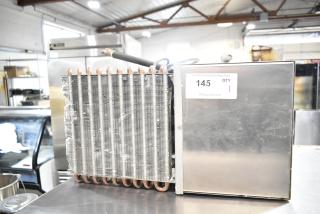 Larco Electric Water Cooler, 115V, 1 Phase, auction tag visible. Stainless steel finish, coils exposed.