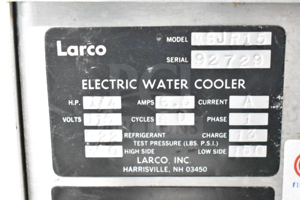 Larco Electric Water Cooler, Model MSJR15, serial 92729. Features 115 volts, 1 phase. Located in Harrisville, NH.