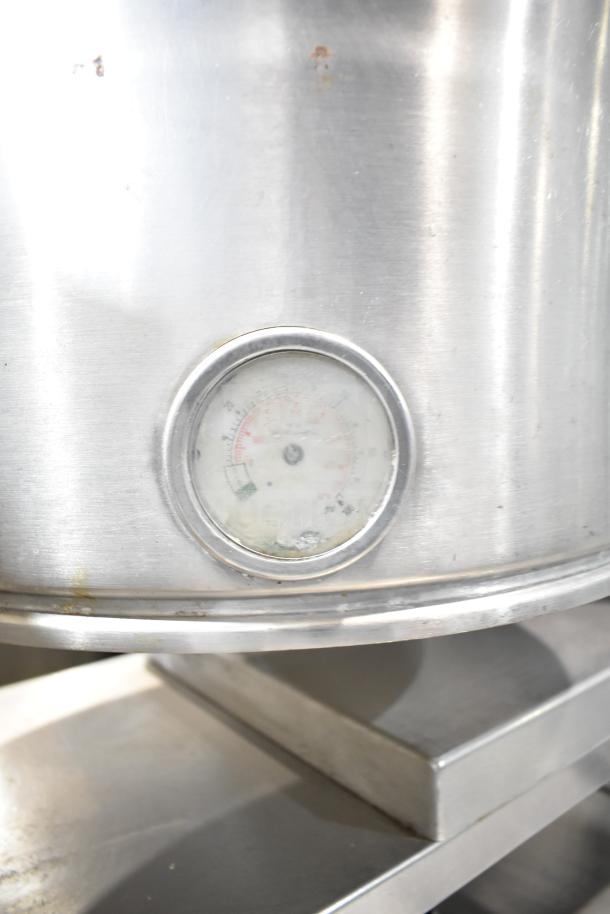 Crown Steam EC-10TW tilting kettle, electric countertop, 10-gallon, stainless steel, visible thermostat gauge.