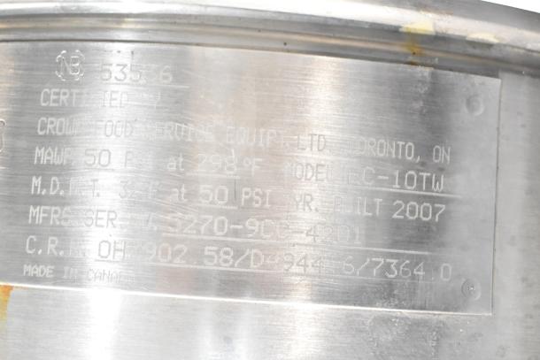 Crown Steam EC-10TW tilting kettle, 10-gallon capacity, electric, self-generating, 2/3 jacket, solid-state thermostat, serial number visible.