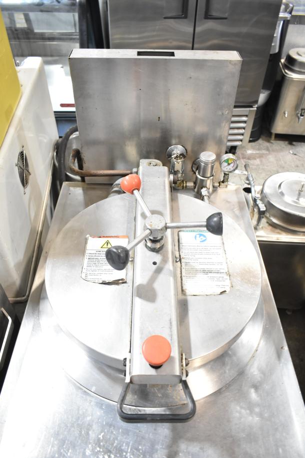 BKI FKM-F commercial electric pressure fryer on casters, 208/230V, 3 phase, stainless steel, visible control gauges and safety labels.